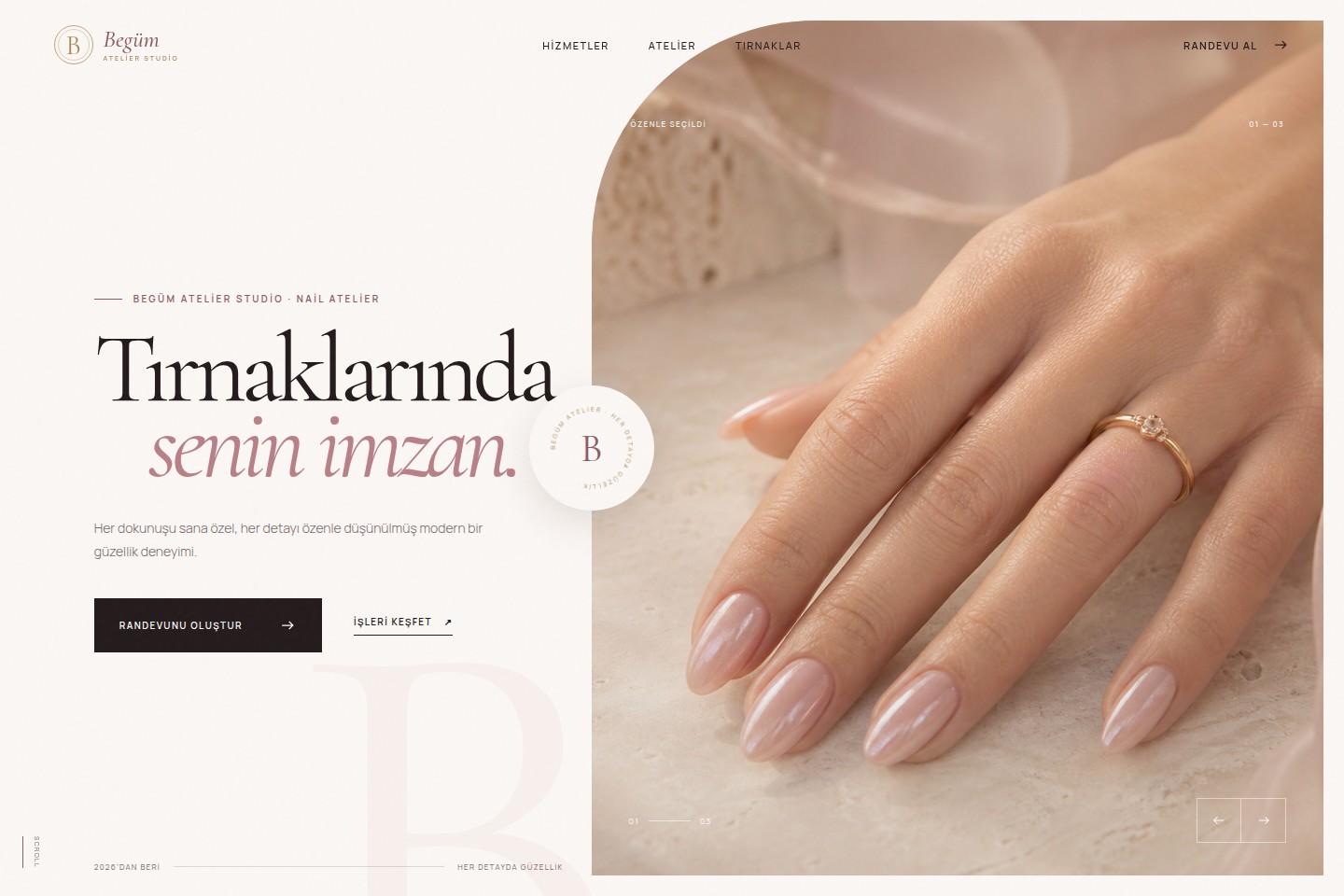 Begüm Atelier Studio web sitesinin ana sayfa tasarımı