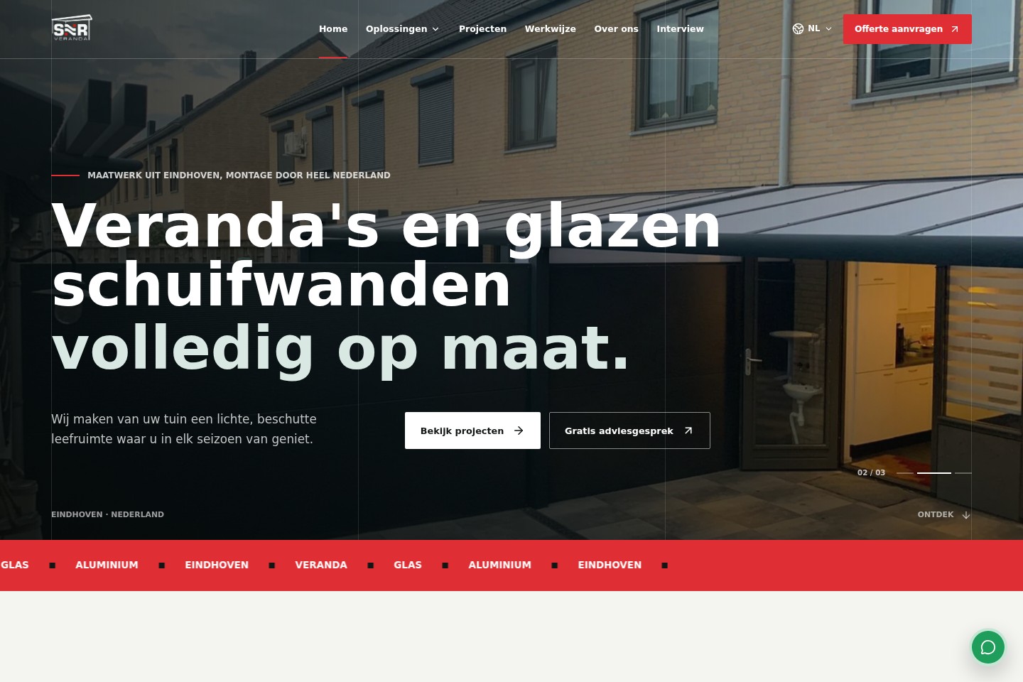 SNR Veranda web sitesinin ana sayfa tasarımı